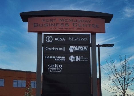 Double pylon sign in business centre
